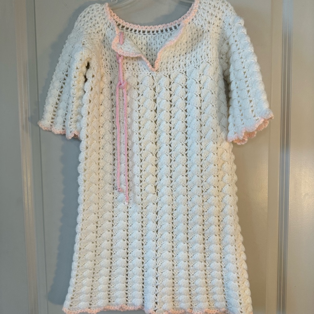 Vintage Handmade White and Pink Crochet Knit Dress